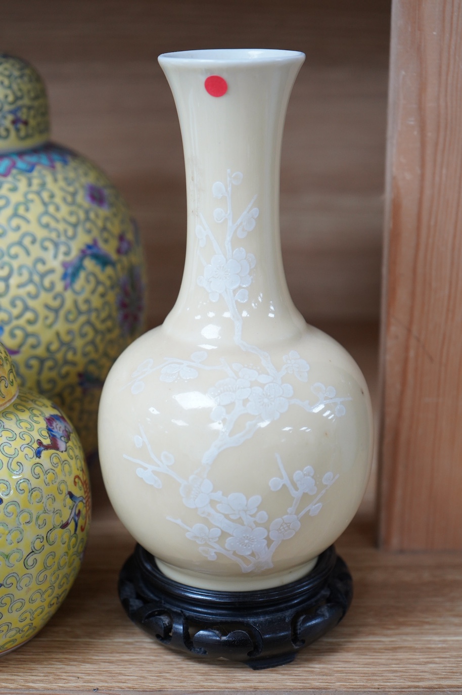 Two Chinese yellow ground ginger jars and similar vase. Condition - fair to good